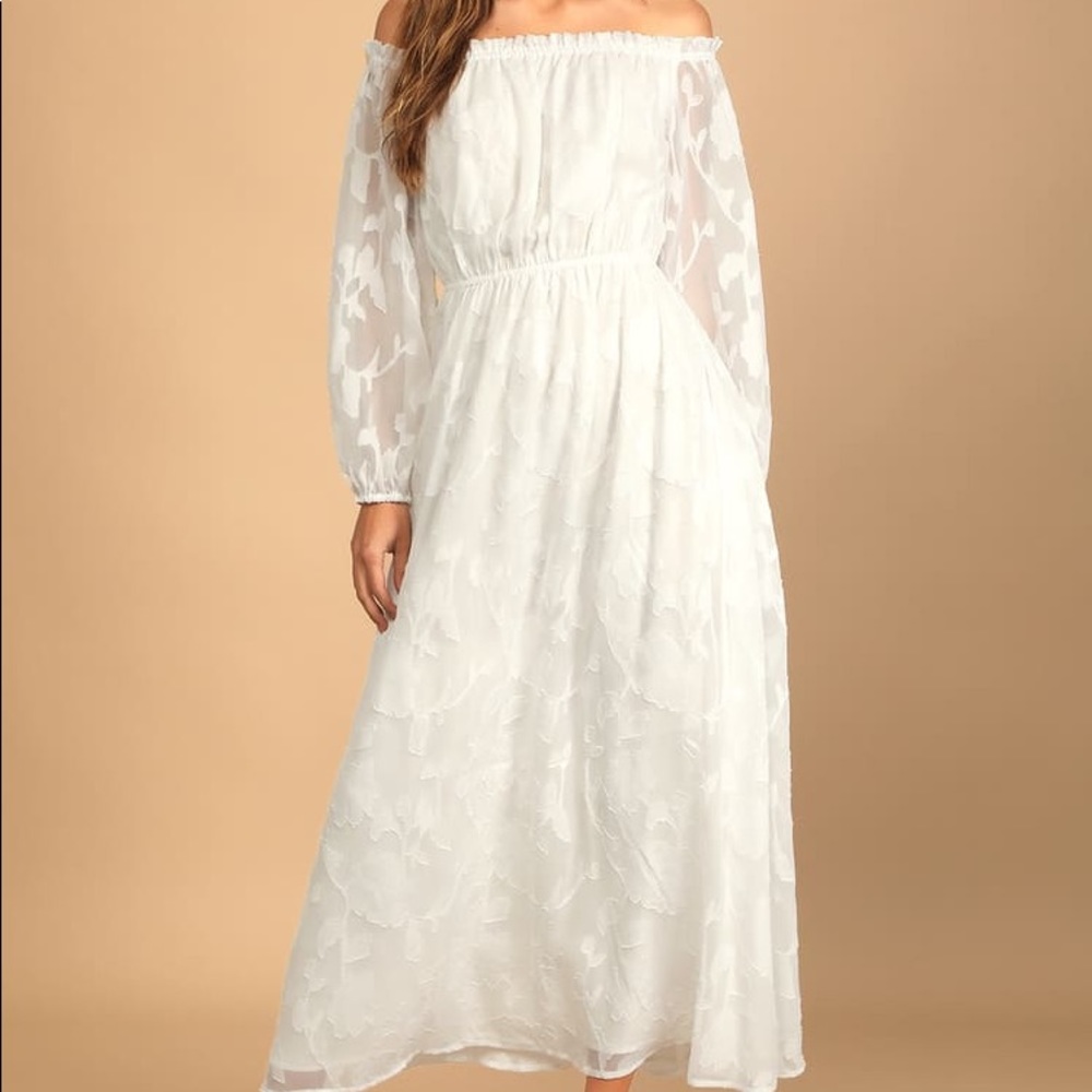 Lulu’s Move With Me White Floral Jacquard Off-the-Shoulder Maxi Dress